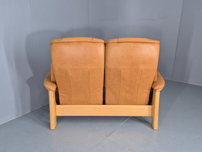 Vintage Stressless Windsor 2 seater Sofa Tan Leather Blonde Wood Frame Eb12590