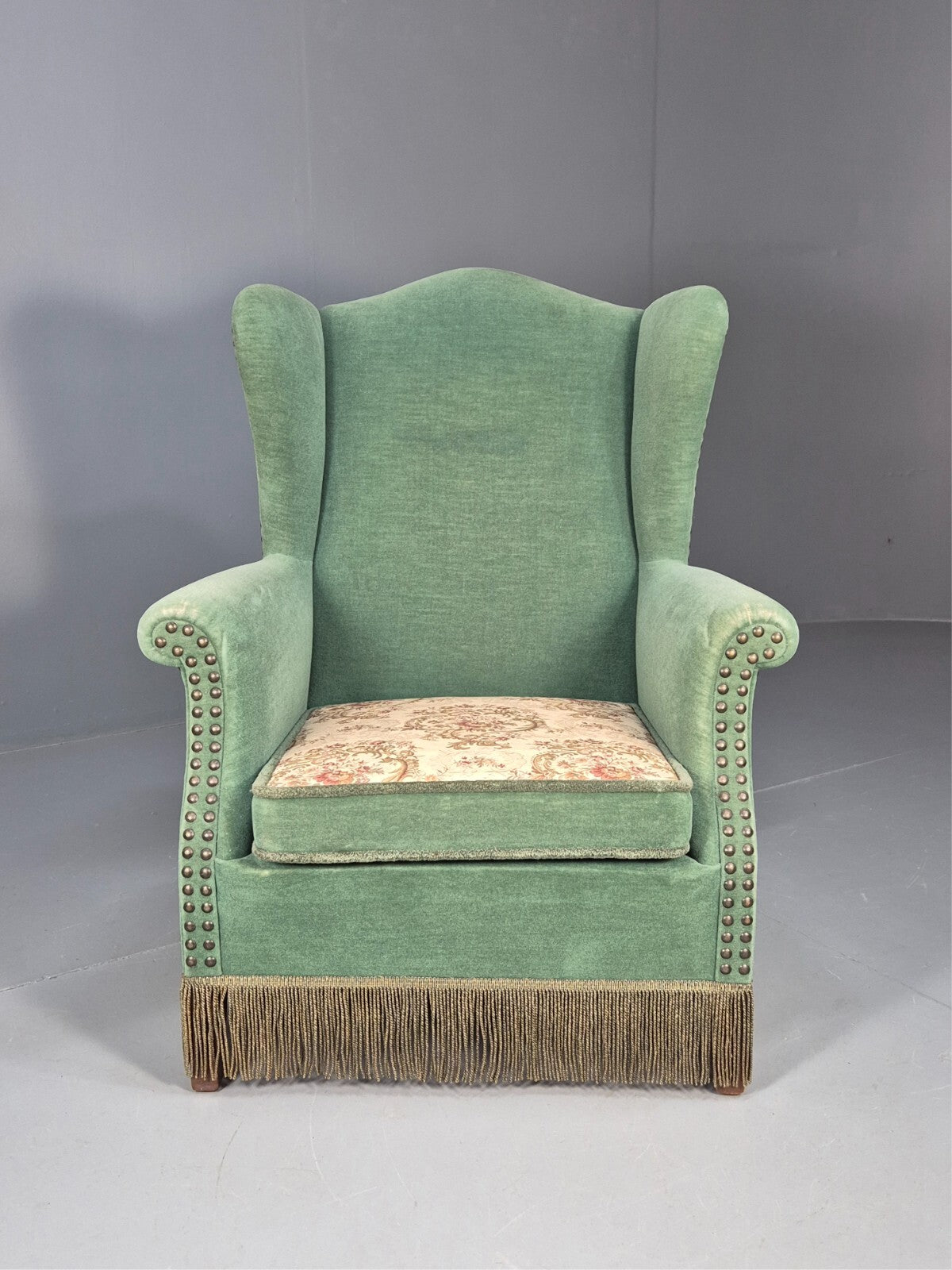 Vintage Danish Wingback Lounge Chair Green and Cream Floral Tassels EB9610 VCLO