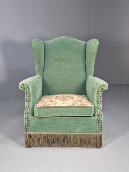 Vintage Danish Wingback Lounge Chair Green and Cream Floral Tassels EB9610 VCLO