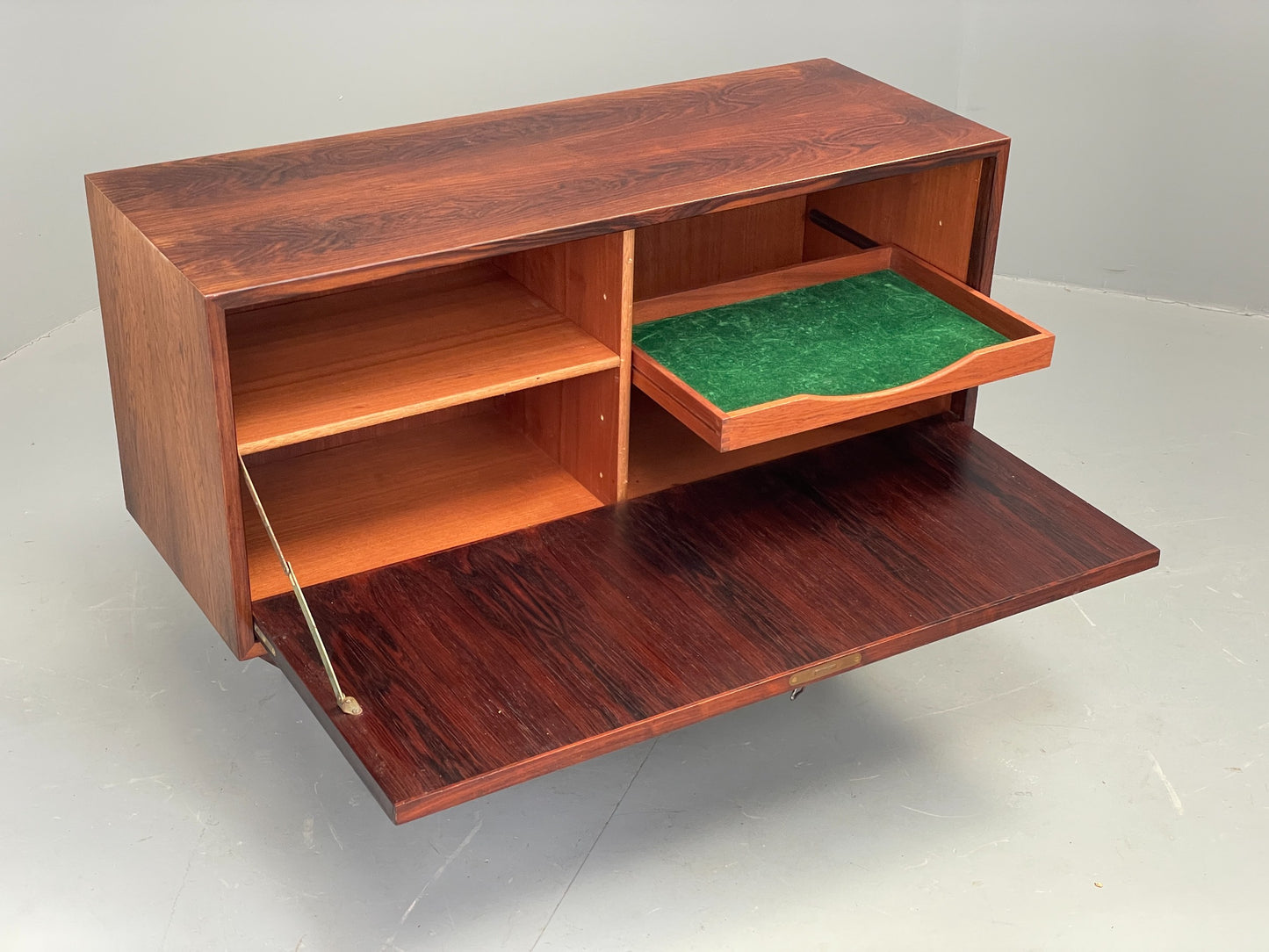 Vintage 1960s Danish Cabinet Mid Century Darkwood Drop Door Shelving EB12355