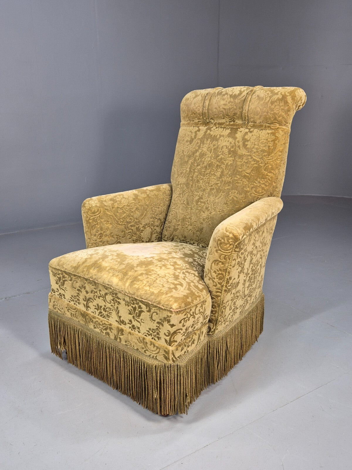 Vintage Danish Lounge Chair Green Moquette Tassels Antique 1900s EB8458 VCLO