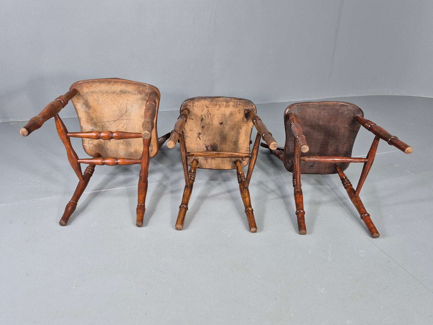 3 Antique Windsor Chairs Elm and Beech Spindle backs Victorian  EB12486