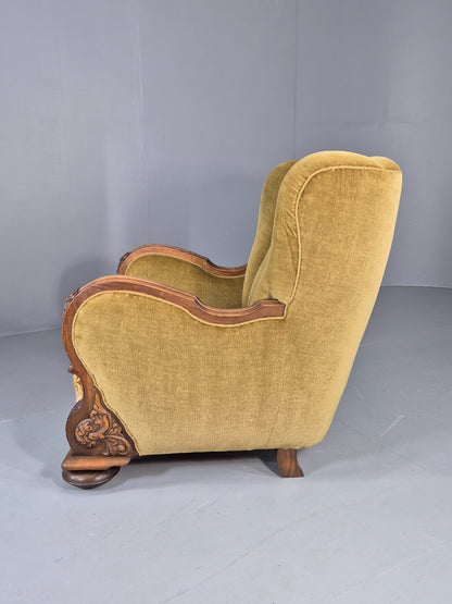 Vintage Danish Art Deco Lounge Chair Carved Oak Frame 1940s Green Floral EB12837