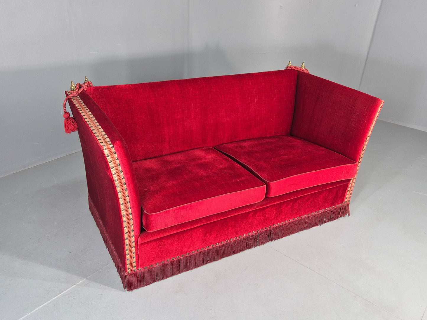 Vintage Danish 2 Seater Sofa Red Knole Style Drop Ends Tassels 1950s EB12760