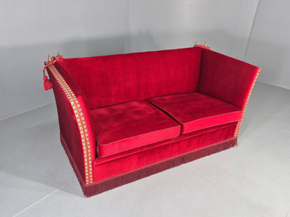 Vintage Danish 2 Seater Sofa Red Knole Style Drop Ends Tassels 1950s EB12760