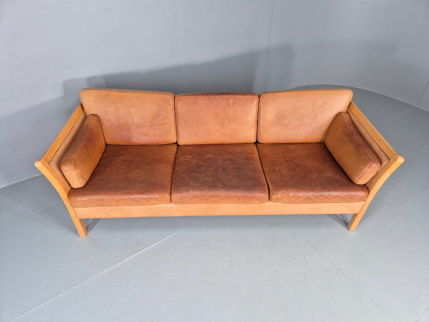 Vintage Stouby 3 seater Sofa Tan Leather 1980s Retro Mid Century Modern EB11610