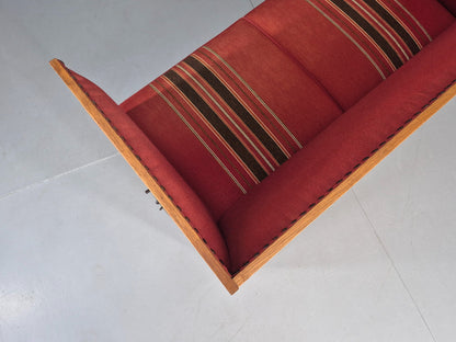 Vintage Danish 2 Seater Sofa Oak Framed Red Stripe Cloth 1970s Retro EB12755