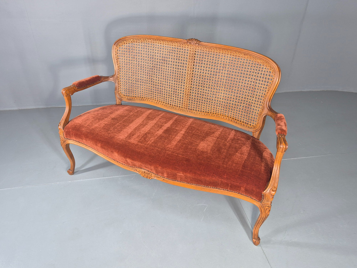 Vintage Danish 2 Seat Sofa French Style Bergere Back Red Velvet Velour EB12744