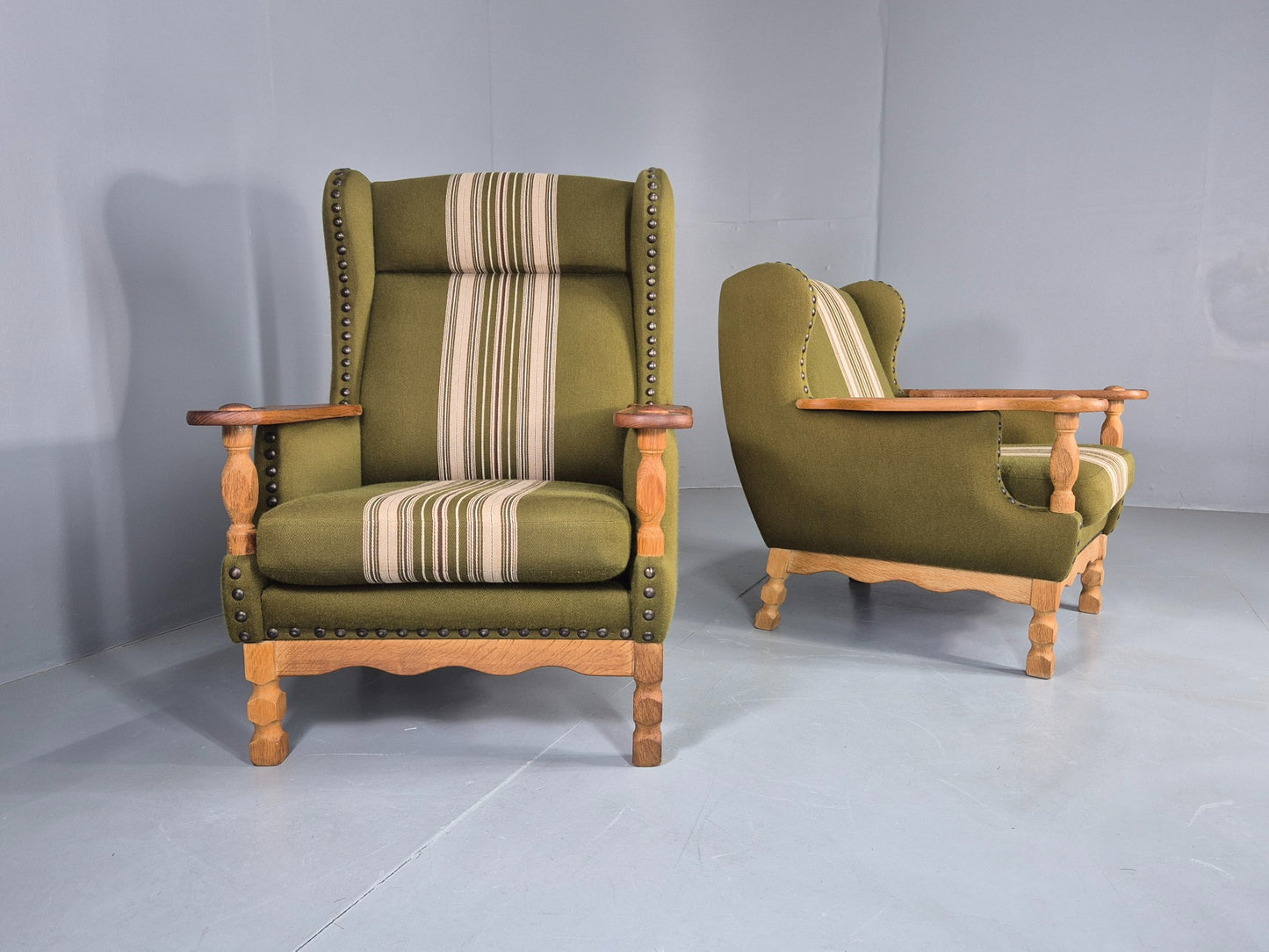 2 Vintage Lounge Chair Kjaernulf Style Oak Frames Green Wool 1970s Retro EB12687