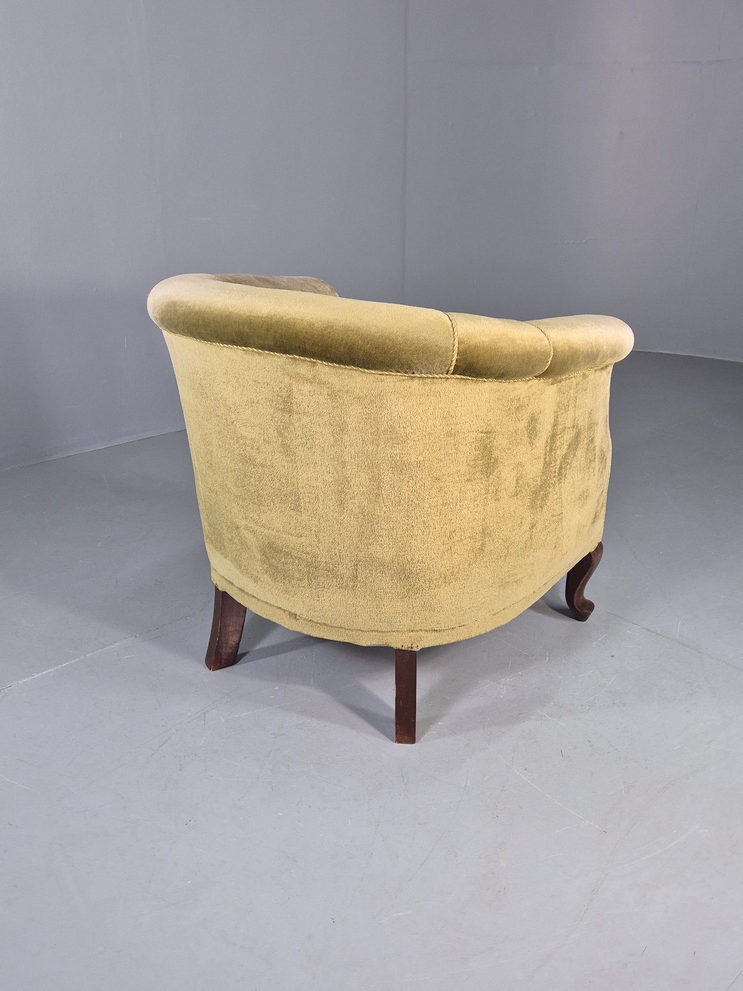 Vintage Danish Art Deco Tub Chair Green Velour Cabriole Legs 1940s EB12717