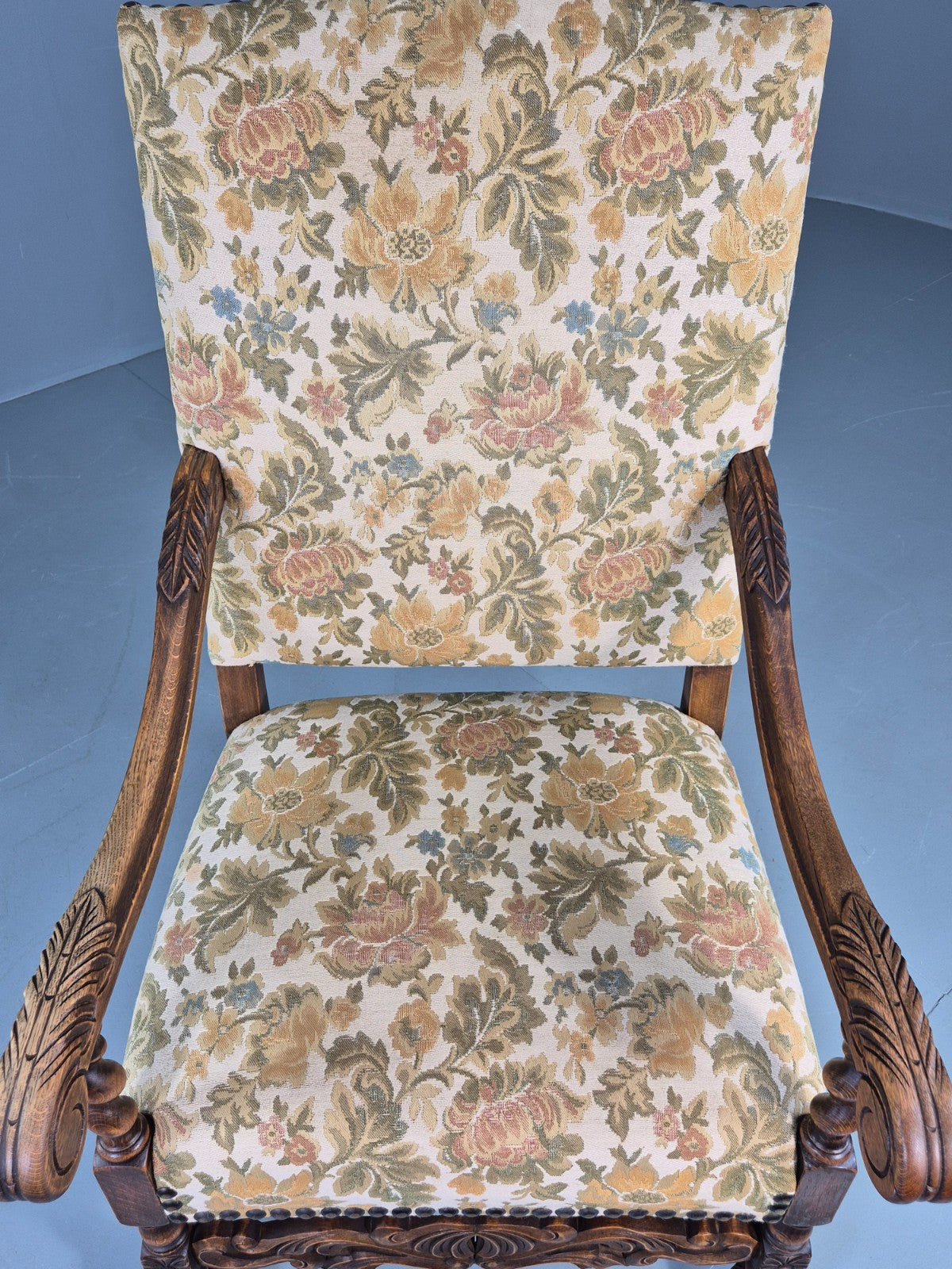 Vintage Baroque Style Armchair Carved Oak Frame 1950s Danish Antique EB12700