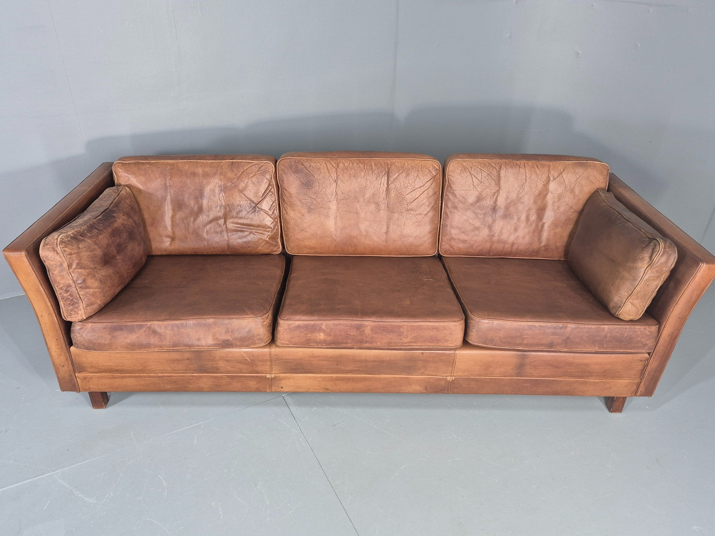 Vintage 3 seater sofa Danish Brown Leather 1970s Mid Century Retro EB10498