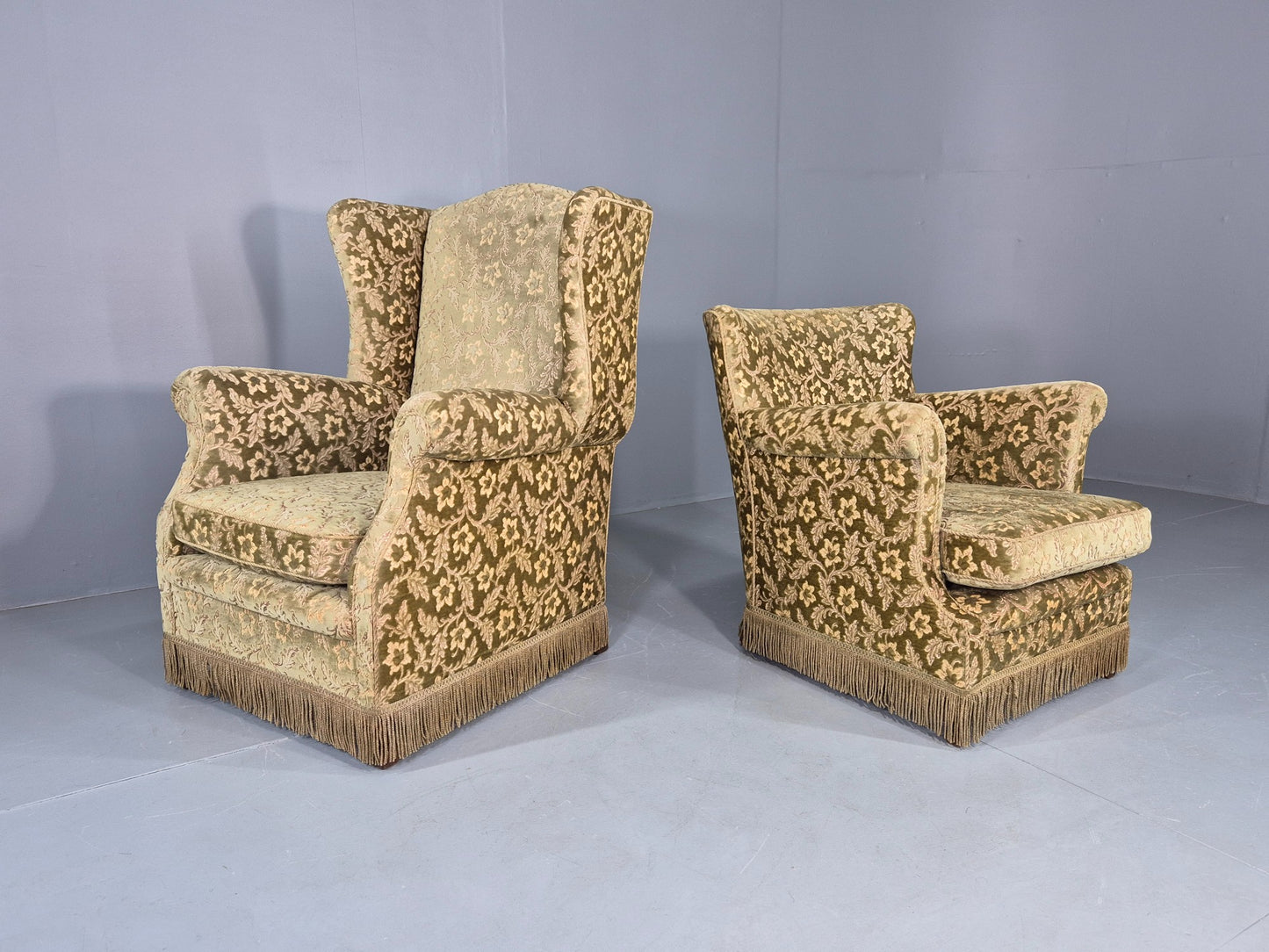 2 Vintage Danish Armchairs Green Floral Moquette Tassels 1960s Cottage EB12689