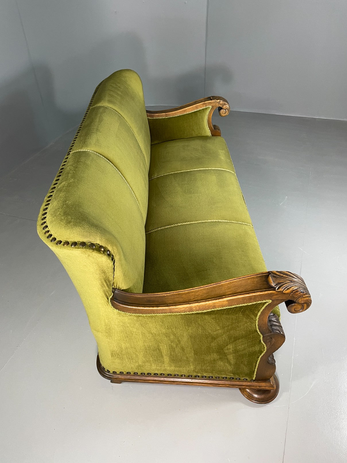 Antique 3 Seat Sofa Danish Oak Frame Green Velour 1900s EB06460