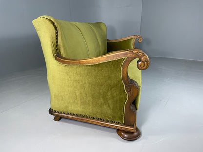 Antique 3 Seat Sofa Danish Oak Frame Green Velour 1900s EB06460