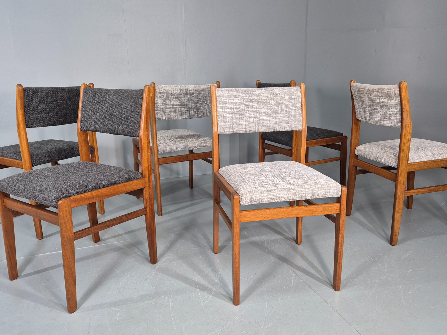 6 Vintage Mid Century Dining Chairs Teak Frame Two Tone Coverings 1970s  EB12035