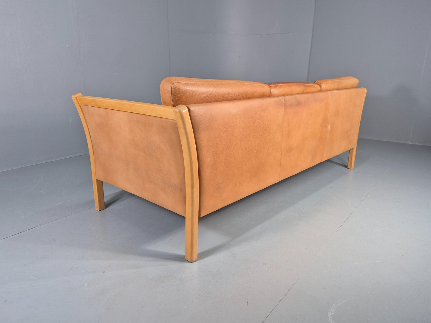 Vintage Stouby 3 seater Sofa Tan Leather 1980s Retro Mid Century Modern EB11610
