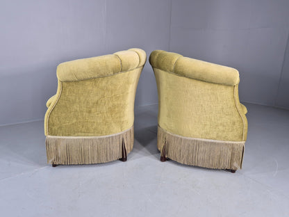 Pair Art Deco Tub Chairs Danish Design 1950s Green Velour Tassels Retro EB12715