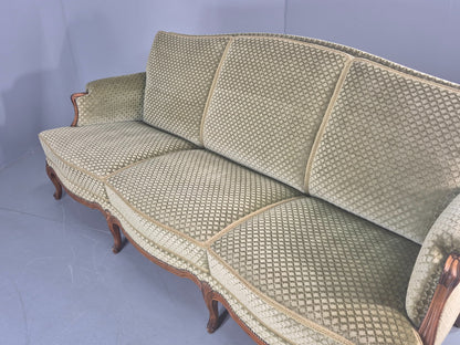 Vintage 3 Seater Sofa  Danish Rococo Style Carved Wood Green Velour  EB12705