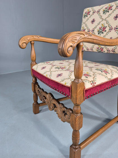 Vintage Danish Baroque Armchair Carved Oak Frame Tapestry Seat EB12113