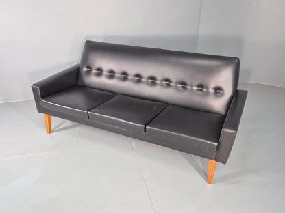 Vintage Three Seat Sofa 1960s Swedish Black Vinyl Upholstery Retro EB11126