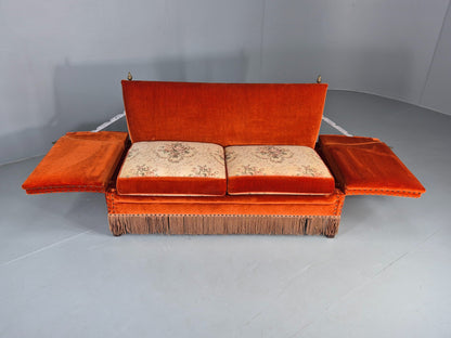 Vintage Danish Knole Sofa 2 Seater Red Velour Floral Cream Cushions EB12725
