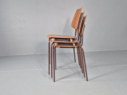 3 Vintage Danish Stacking Chairs Industrial Design Steel Teak Retro 60s Eb12491