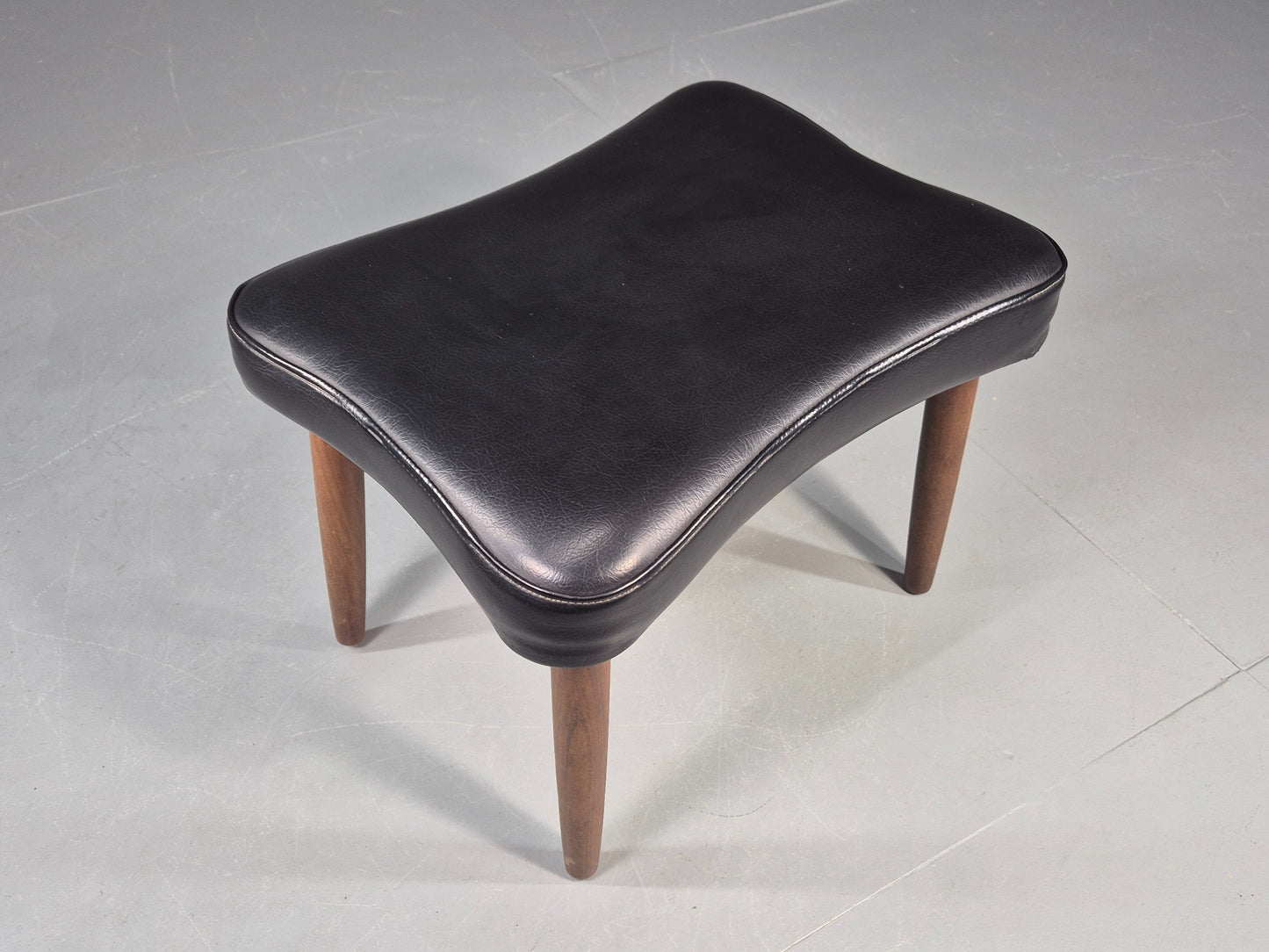 Vintage Danish Mid Century Footstool Black Vinyl Teak Legs 1960s Retro EB12153