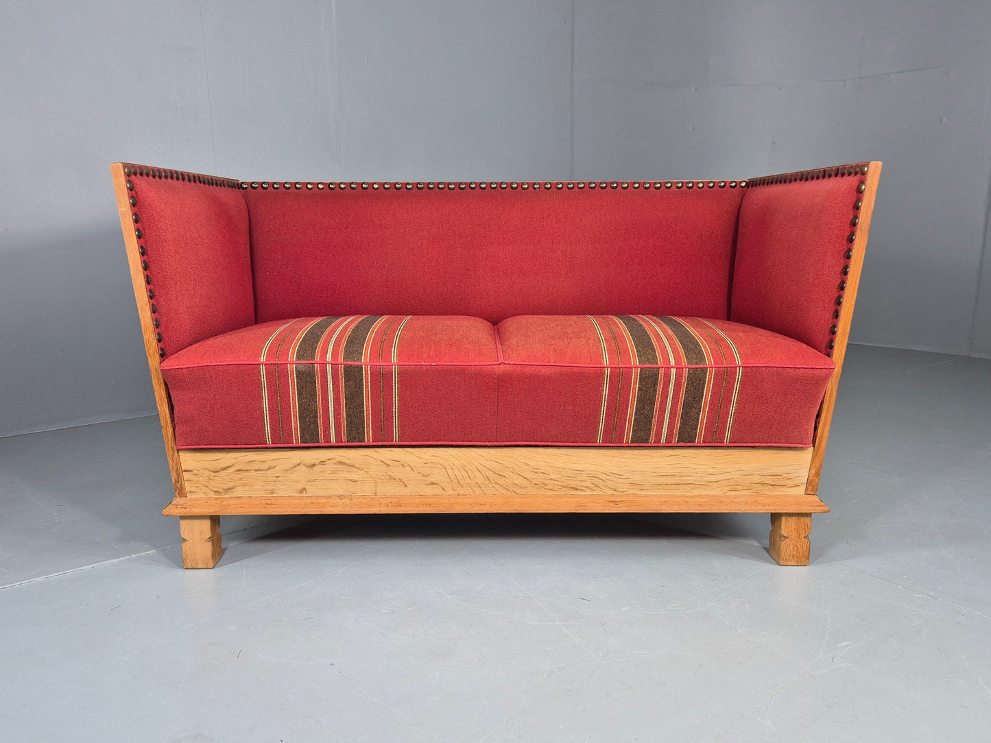 Vintage Danish 2 Seater Sofa Oak Framed Red Stripe Cloth 1970s Retro EB12755