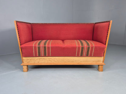 Vintage Danish 2 Seater Sofa Oak Framed Red Stripe Cloth 1970s Retro EB12755