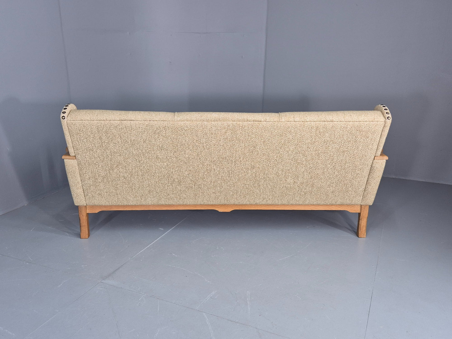 Vintage 3 Seat Sofa Danish 1970s Oak Frame Cream Wool Cloth Retro  EB12753