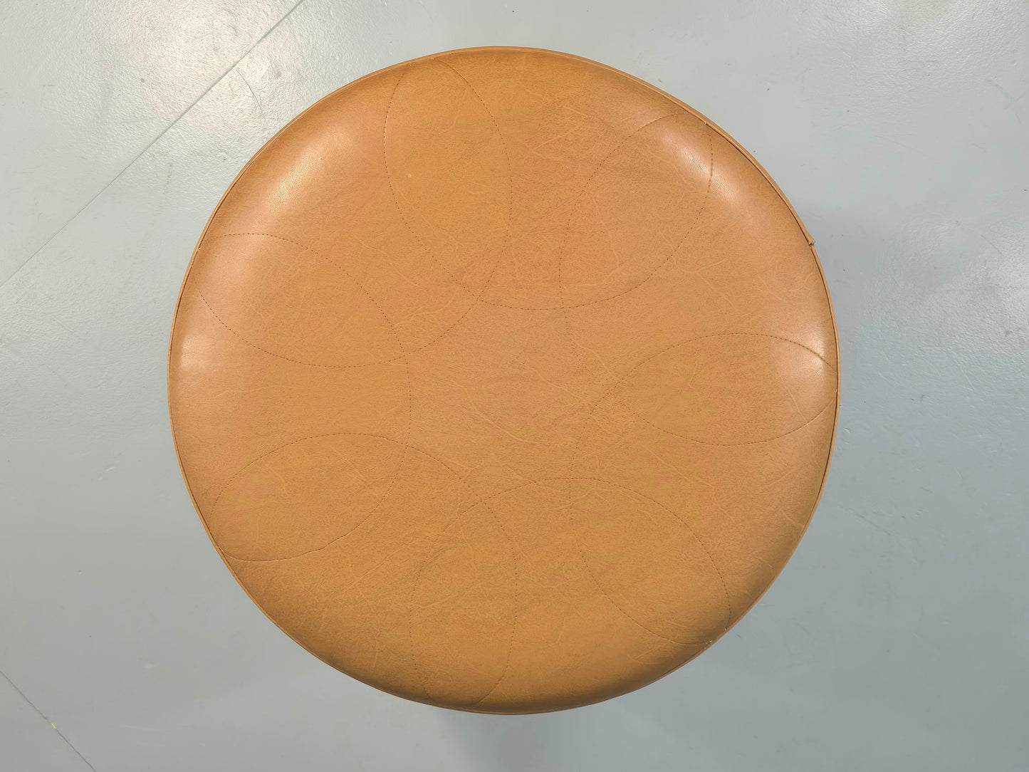 Vintage Mid Century Foot Stool Brown Vinyl Danish Teak Round Retro MCM EB12022