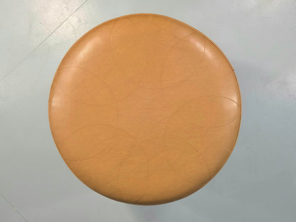 Vintage Mid Century Foot Stool Brown Vinyl Danish Teak Round Retro MCM EB12022