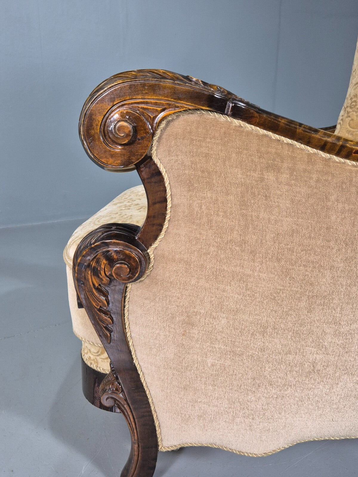 Vintage Danish Lounge Chair Beige Gold Upholstery Carved Frame 1930s EB7779 VCAR
