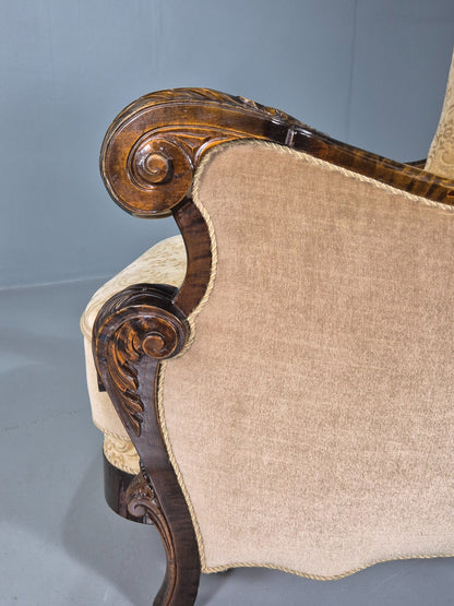Vintage Danish Lounge Chair Beige Gold Upholstery Carved Frame 1930s EB7779 VCAR