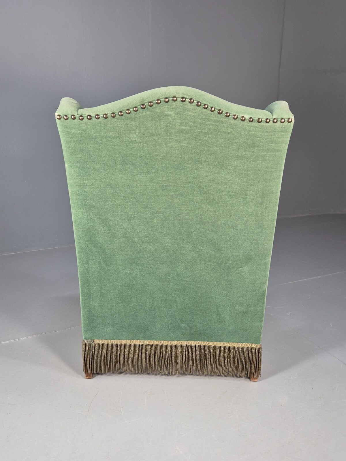 Vintage Danish Wingback Lounge Chair Green and Cream Floral Tassels EB9610 VCLO
