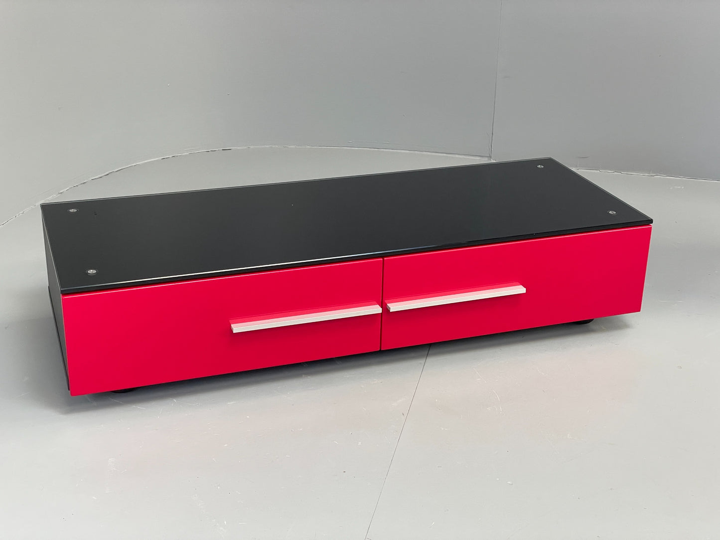 Modern Low TV Unit Glass Top Red Black Aluminium Handles Drawers EB12878