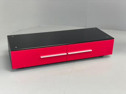 Modern Low TV Unit Glass Top Red Black Aluminium Handles Drawers EB12878