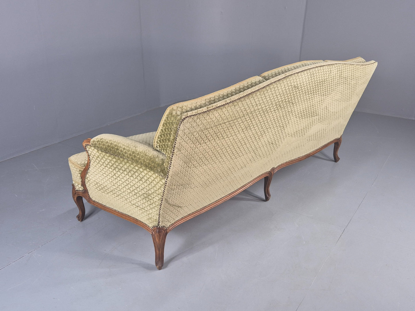 Vintage 3 Seater Sofa  Danish Rococo Style Carved Wood Green Velour  EB12705