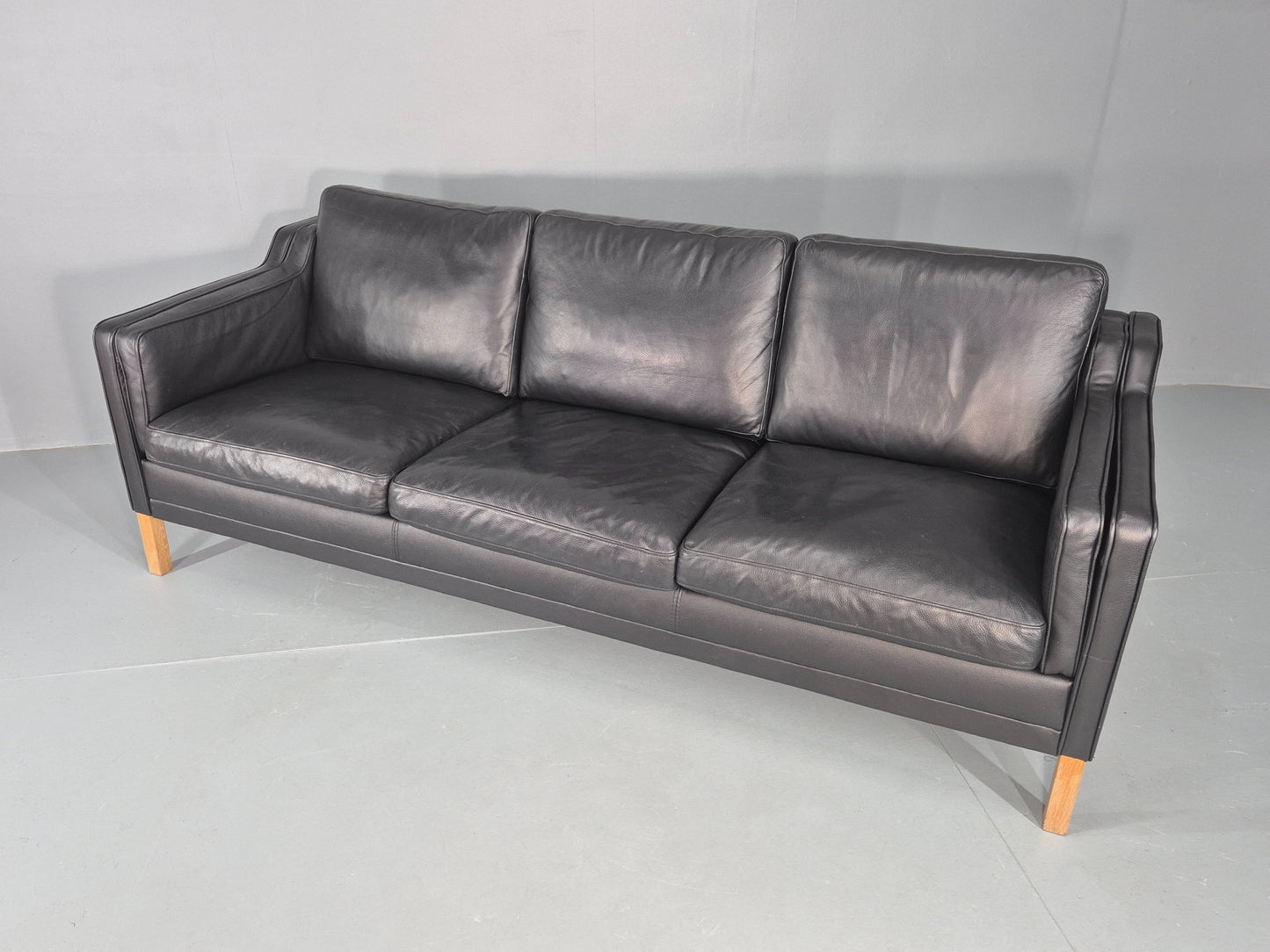 Vintage Danish 3 Seat Sofa Black Leather Mogensen Style 1980s Retro MCM EB12445
