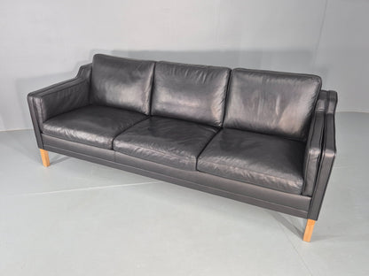 Vintage Danish 3 Seat Sofa Black Leather Mogensen Style 1980s Retro MCM EB12445