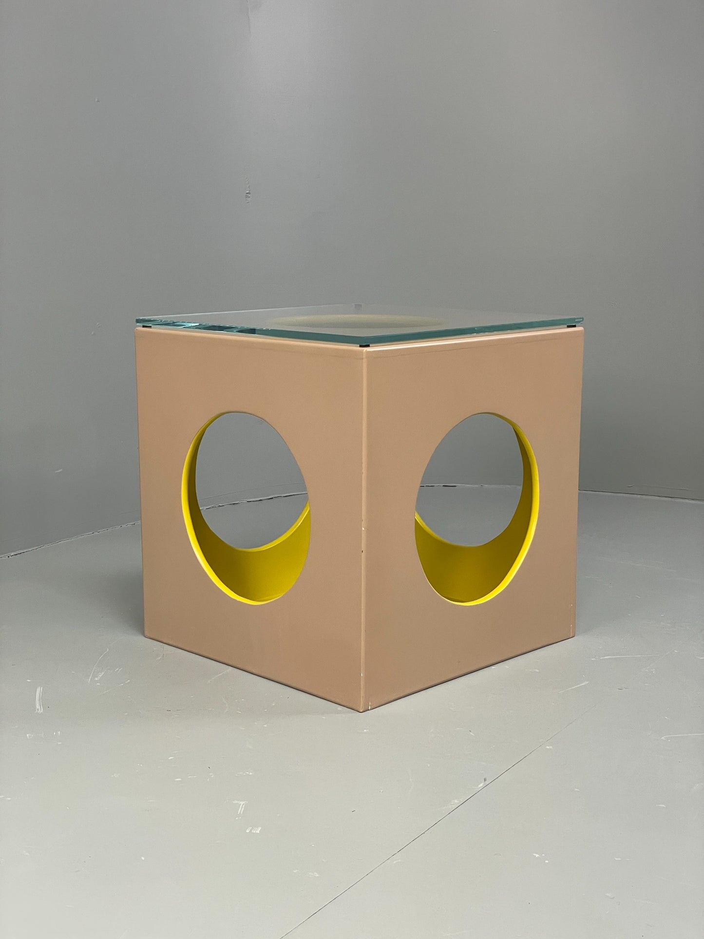 Cube Side Table Glass Top Beige Green Retro Style EB12626