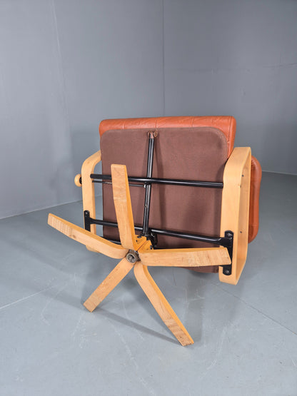 Vintage Danish Lounge Chair Tan Leather swivel and Recline 1970s Retro EB13092