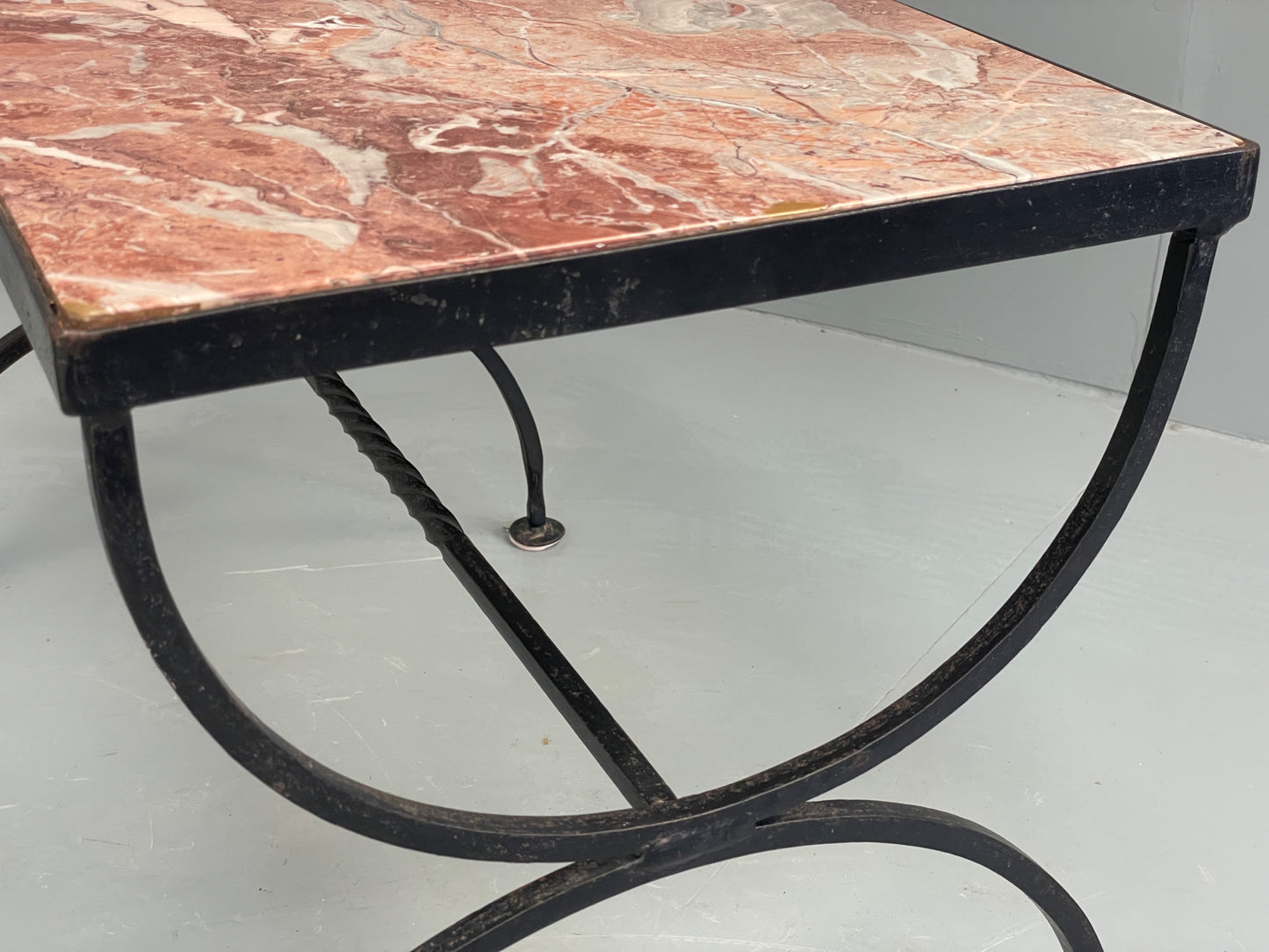 Vintage Wrought Iron Marble Side Tables Italian Breccia Pernice 1950s EB12301