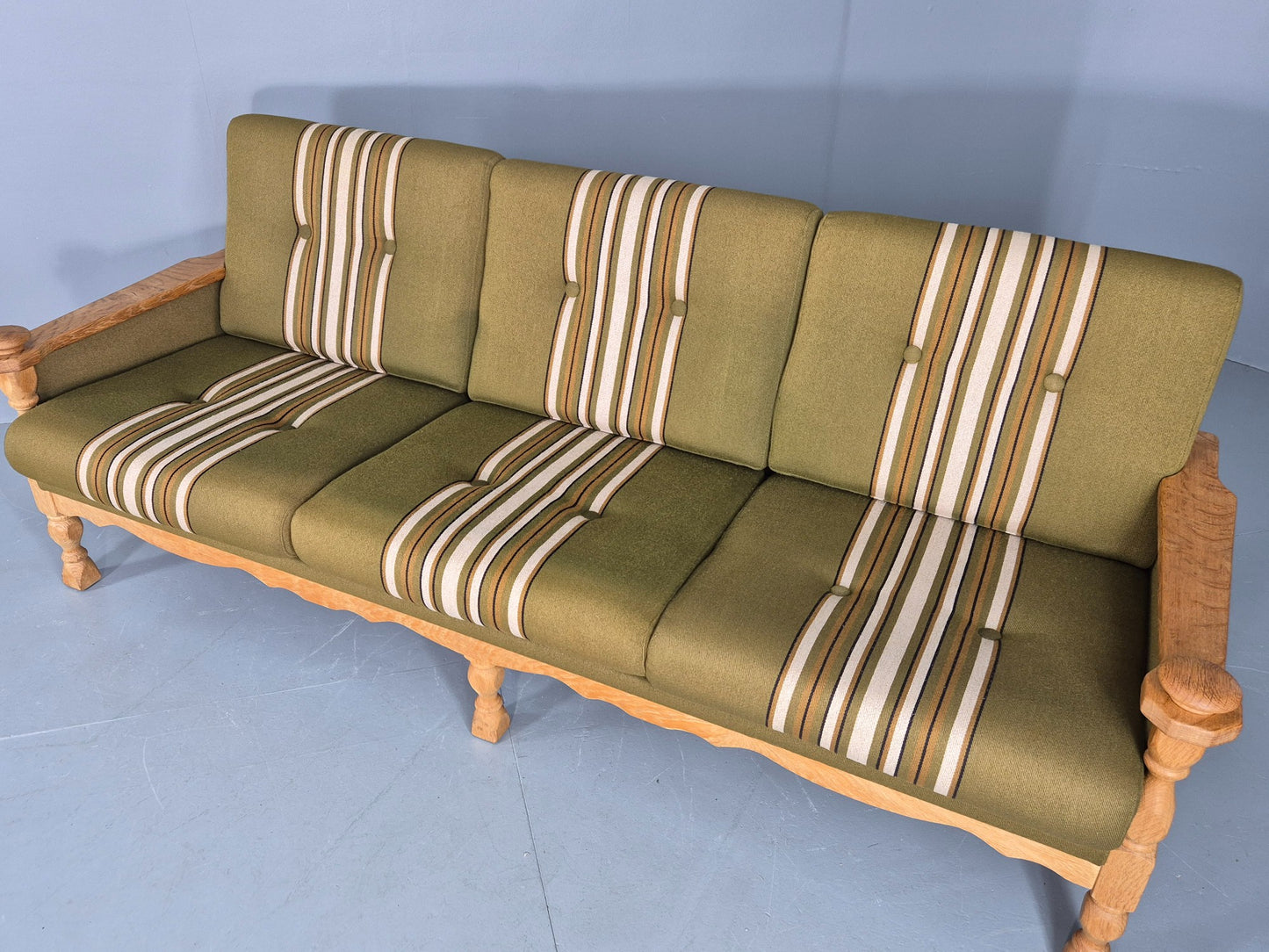 Vintage Danish 3 seater Sofa Oak Kjaenulf Green Cushions 1970s Retro EB12782