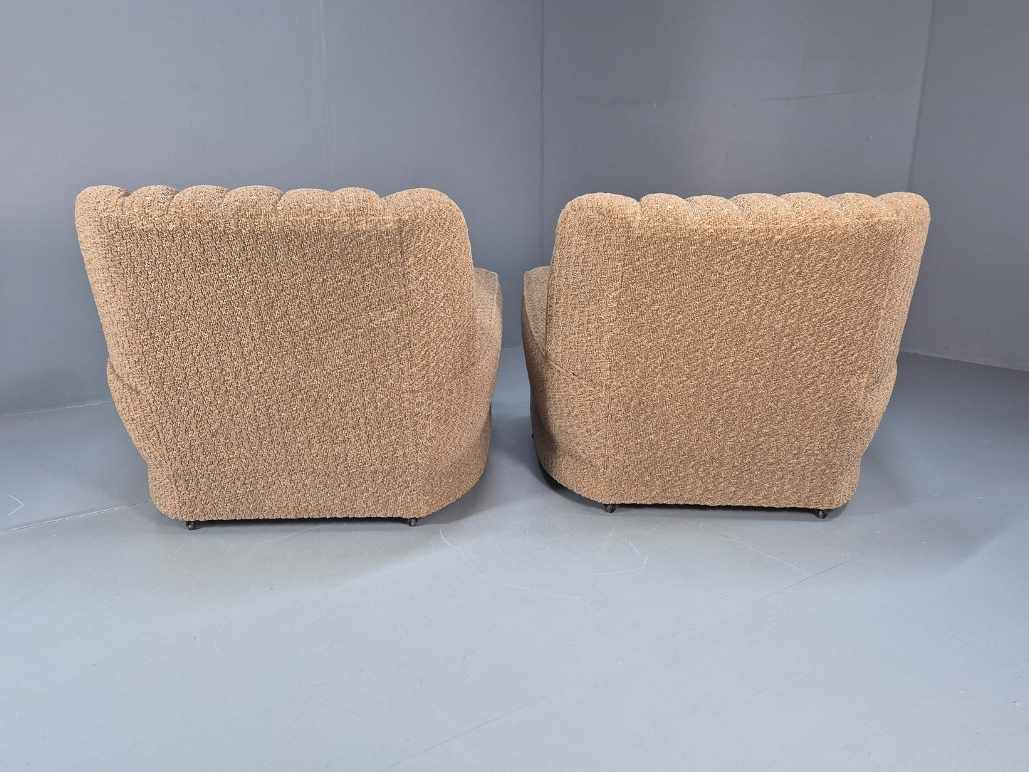 2 Vintage Art Deco Armchairs Beige Chenille Upholstery 1940s EB09684