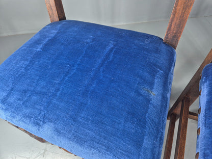 Antique Louis XIII Style Oak Dining Chairs Blue Velour Upholstery EB12795