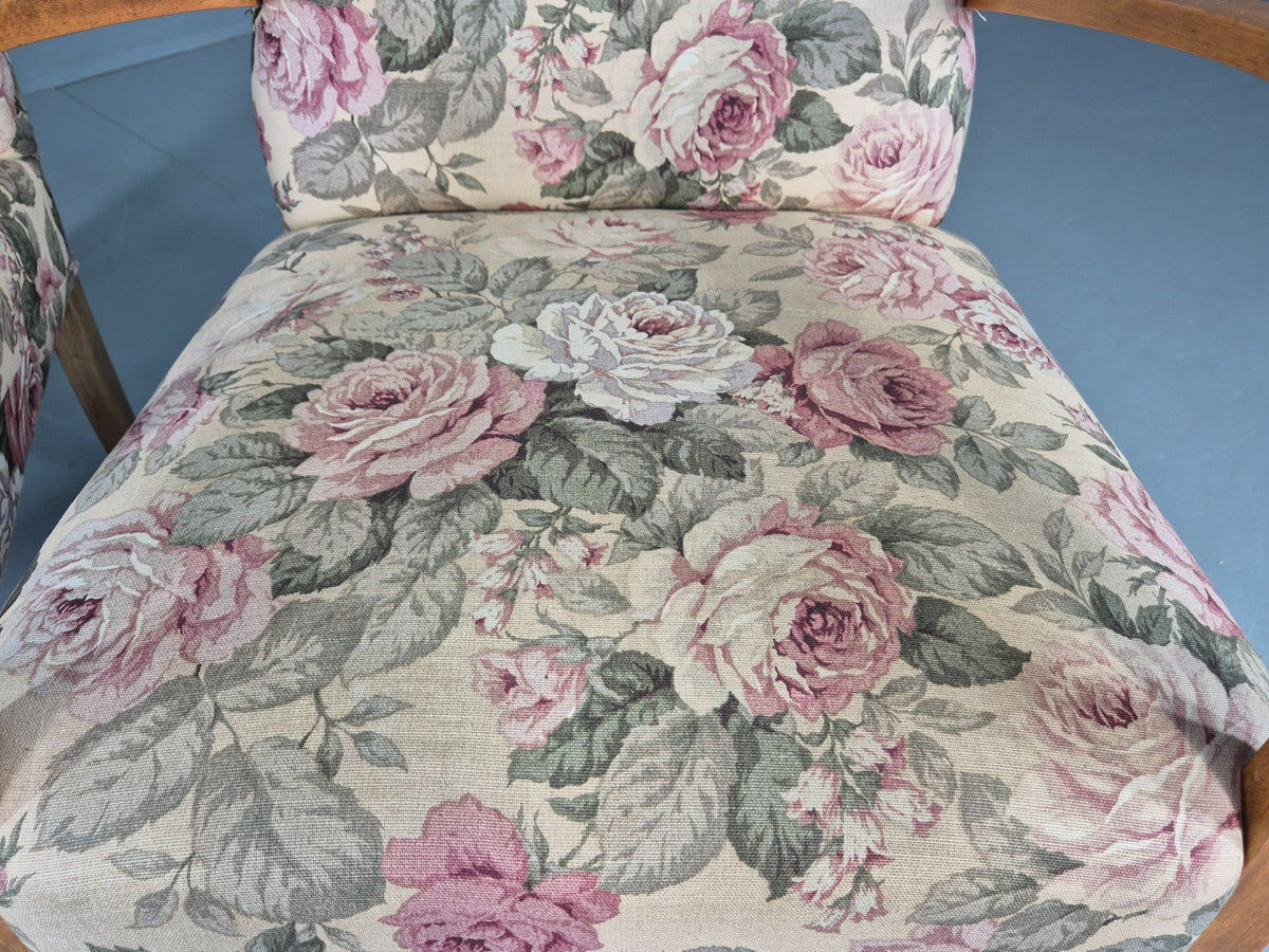 2 Vintage Danish Lounge Chairs 1950s Deco Bentwood Floral Print Retro EB12644