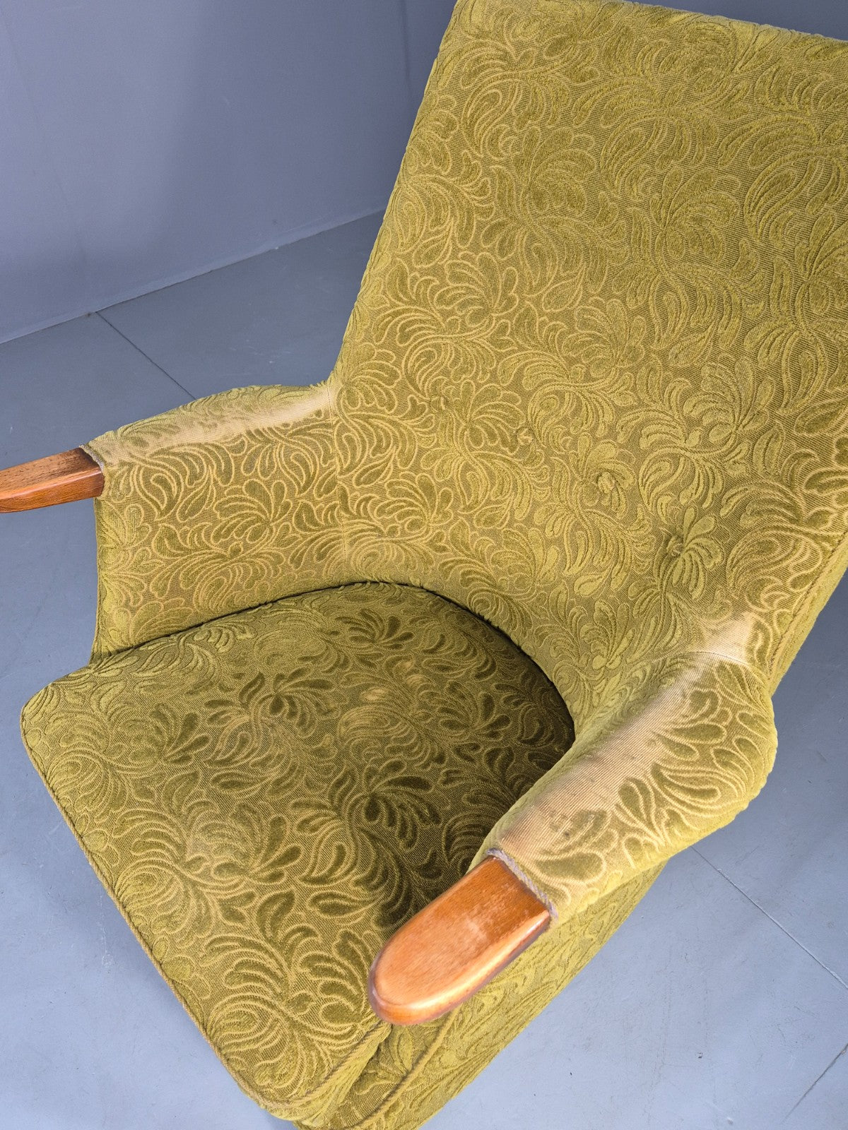 Vintage Danish Lounge Chair Green Floral Moquette Teak Detail MCM Retro EB13040