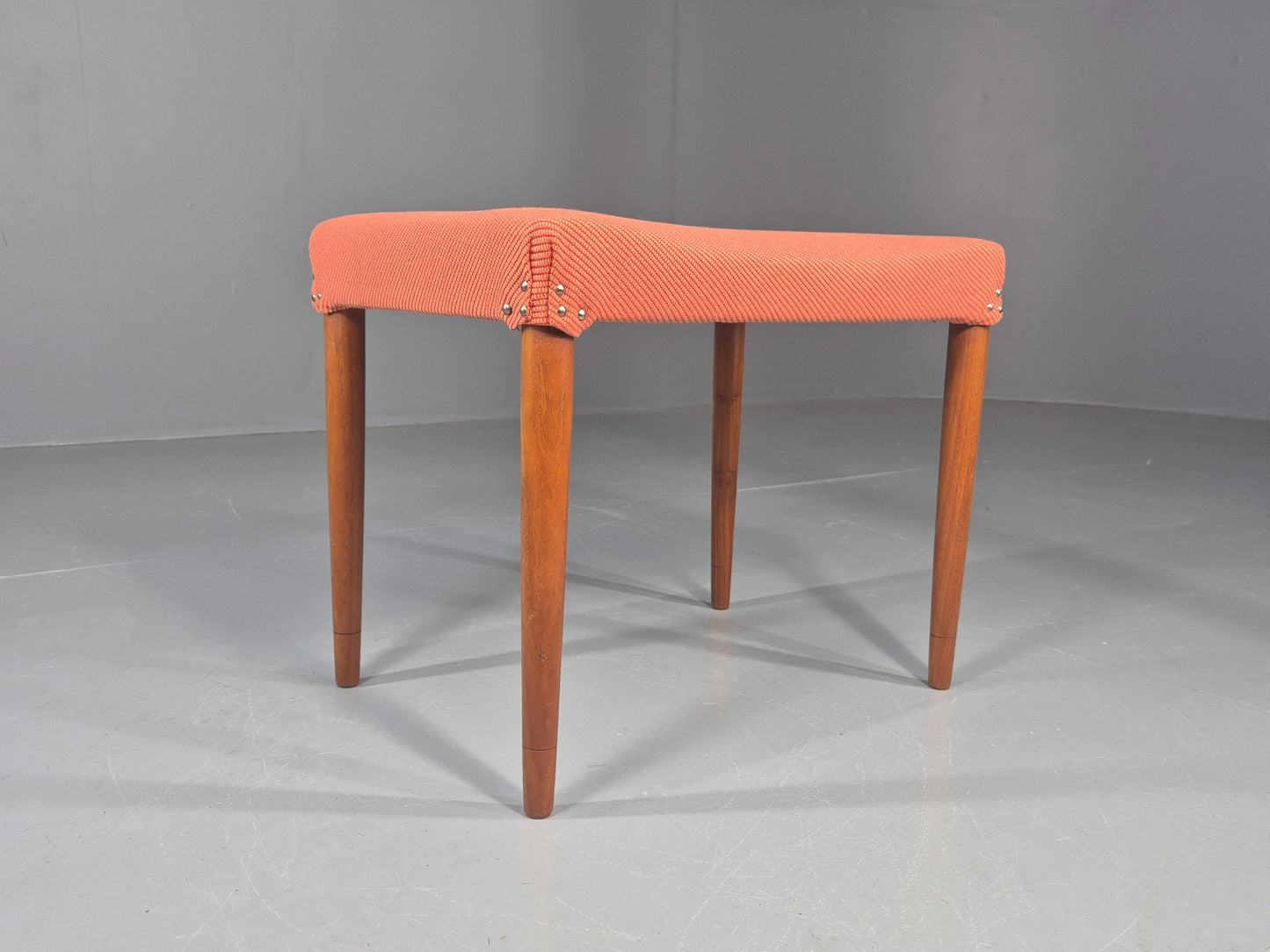 Vintage Mid Century Footstool Danish Design Peach Upholstery Teak Legs  EB12050